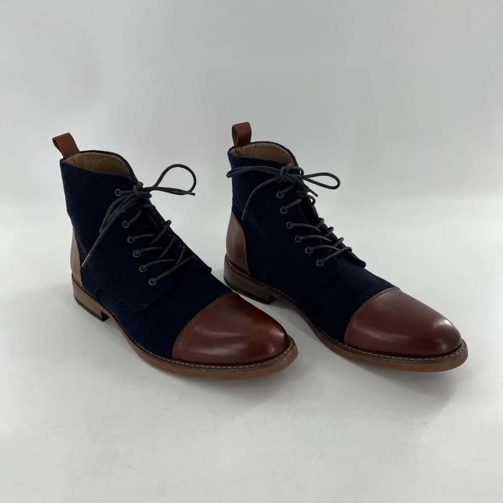 La Milano Mens Lace Up Boots Stance Cognac‎ Navy Leather Fabric Cap Toe Size 14